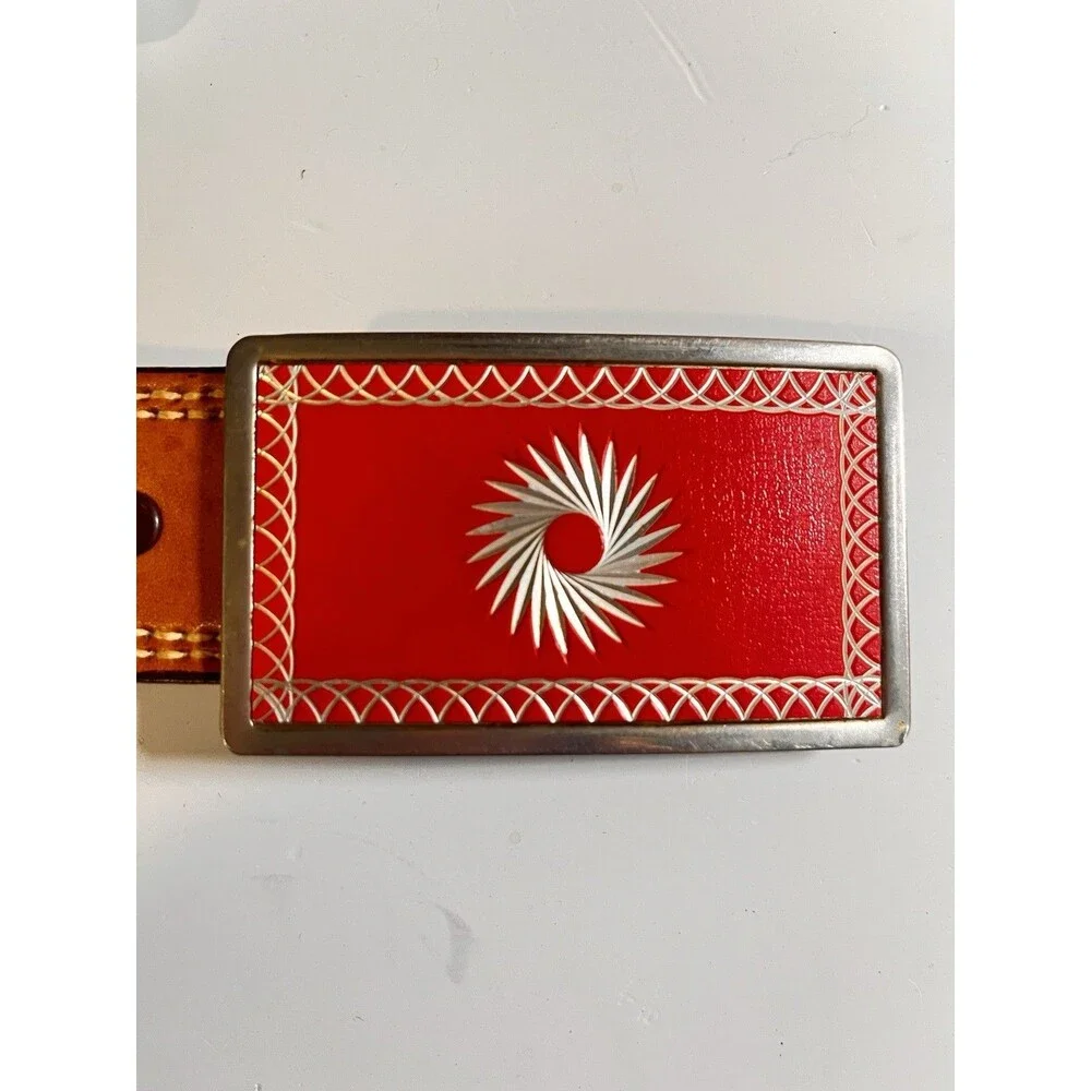 Vintage Red Belt Buckle Etched Silver Tone Inlay Starburst Stain Rectangle